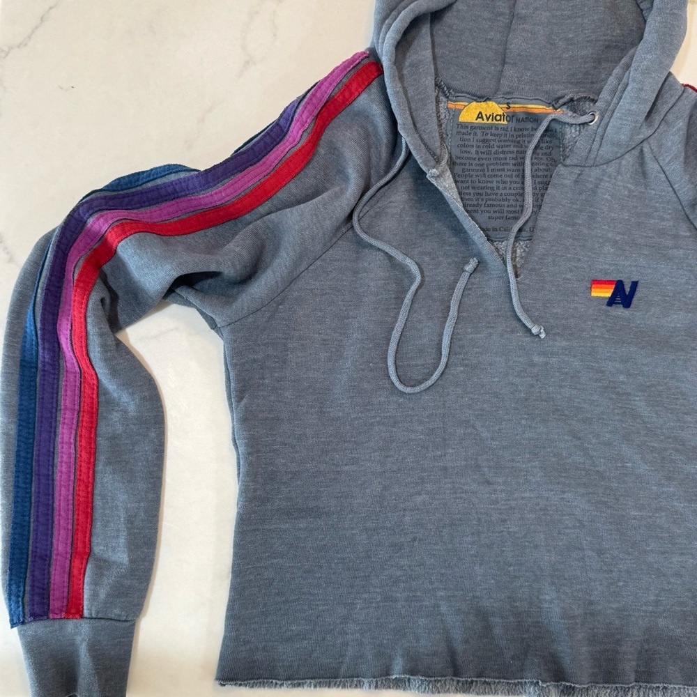 Aviator Nation Blue Cropped Hoodie with Rainbow Shoulder Stripes